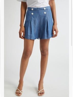 Derek Lam Murray Blue High-Waist Pleated Chambray Shorts